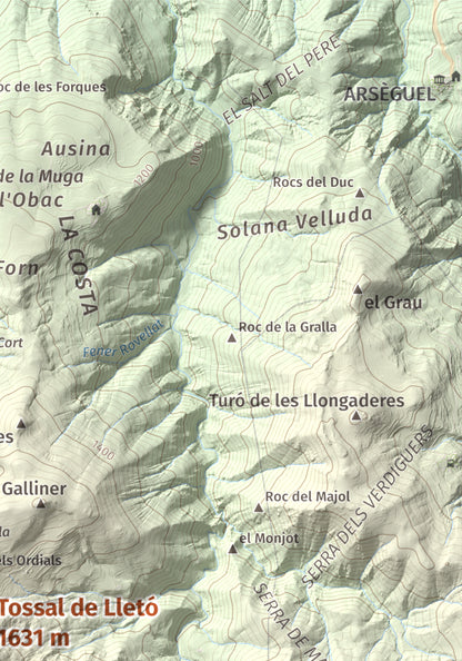 Mapa de relieve de Tossal de Lletó, 1631 m, Alt Urgell, lámina 100 Cims de Trobart. Detalle de la zona superior derecha. 21 × 30 cm.