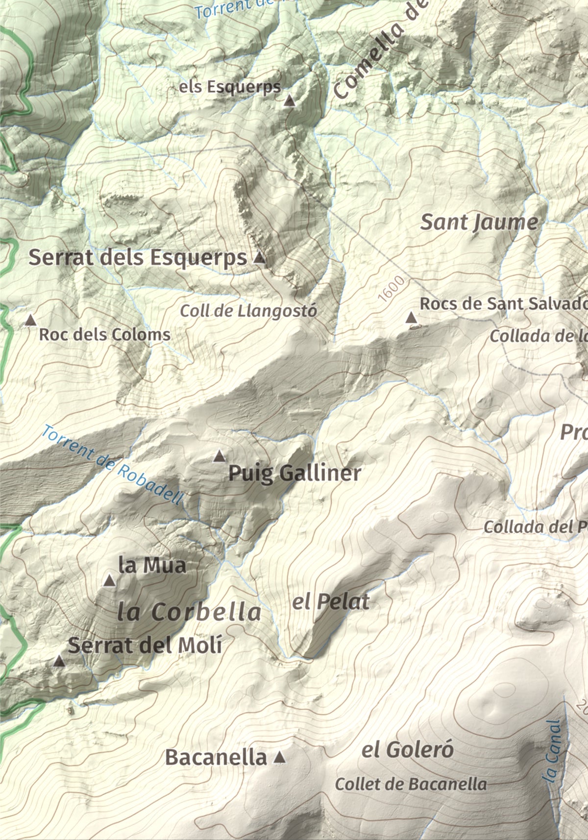Mapa de relieve de Tossal de Lletó, 1631 m, Alt Urgell, lámina 100 Cims de Trobart. Detalle de la zona inferior izquierda. 21 × 30 cm.