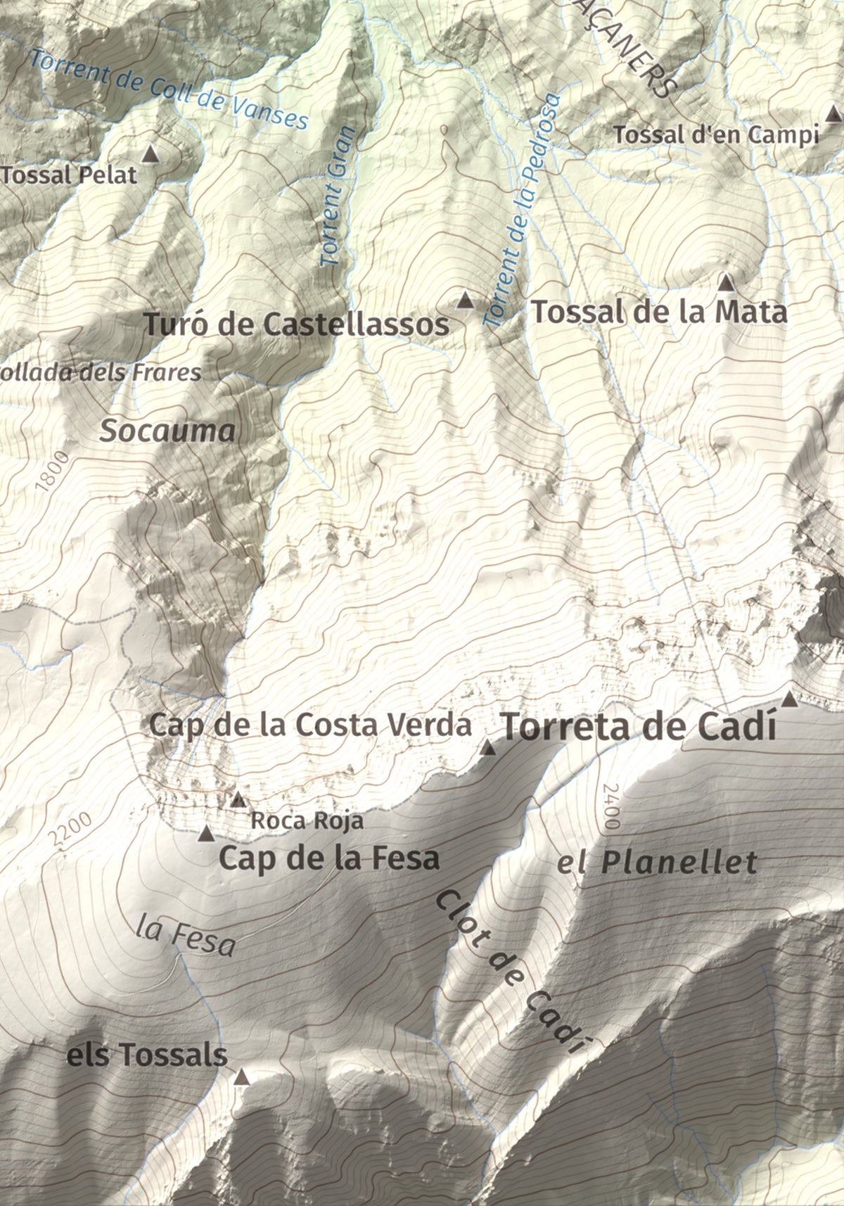 Mapa de relieve de Tossal de Lletó, 1631 m, Alt Urgell, lámina 100 Cims de Trobart. Detalle de la zona inferior derecha. 21 × 30 cm.