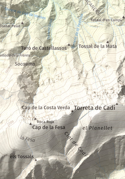 Mapa de relieve de Tossal de Lletó, 1631 m, Alt Urgell, lámina 100 Cims de Trobart. Detalle de la zona inferior derecha. 21 × 30 cm.