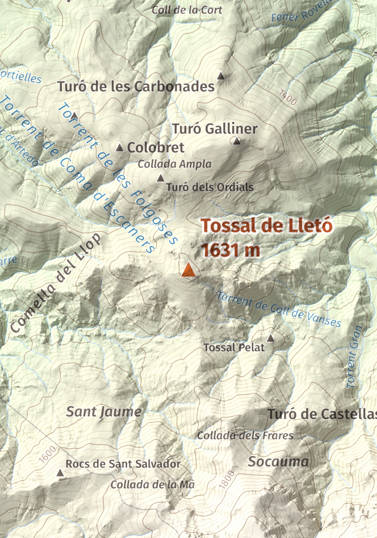 Mapa de relieve de Tossal de Lletó, 1631 m, Alt Urgell, lámina 100 Cims de Trobart. Detalle de la zona central. 21 × 30 cm.