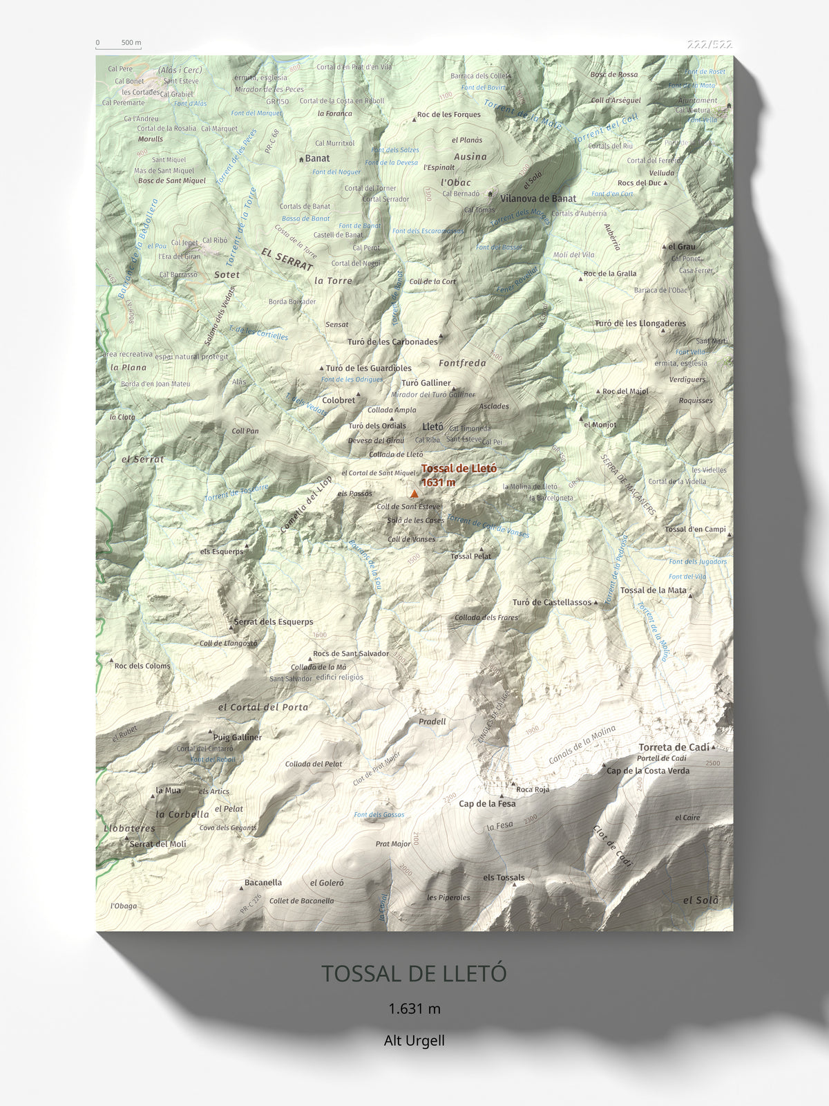 Mapa de relieve de Tossal de Lletó, 1631 m, Alt Urgell, lámina 100 Cims de Trobart 30 × 40 cm.