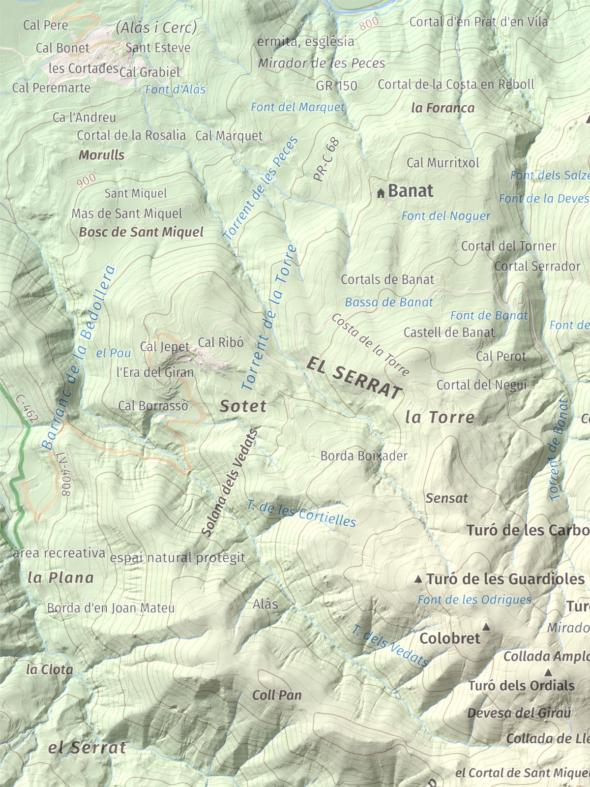 Mapa de relieve de Tossal de Lletó, 1631 m, Alt Urgell, lámina 100 Cims de Trobart. Detalle de la zona superior izquierda. 30 × 40 cm.