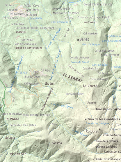 Mapa de relieve de Tossal de Lletó, 1631 m, Alt Urgell, lámina 100 Cims de Trobart. Detalle de la zona superior izquierda. 30 × 40 cm.