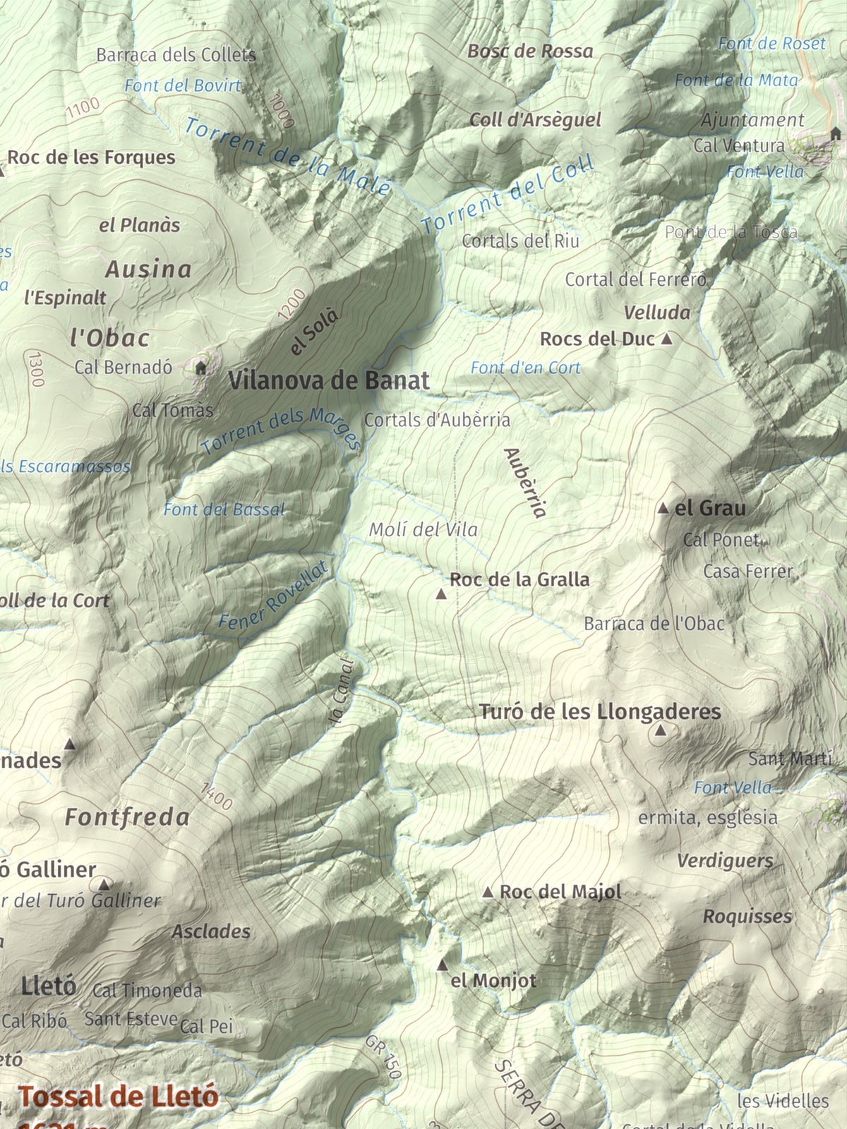 Mapa de relieve de Tossal de Lletó, 1631 m, Alt Urgell, lámina 100 Cims de Trobart. Detalle de la zona superior derecha. 30 × 40 cm.