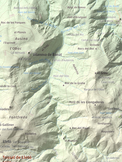 Mapa de relieve de Tossal de Lletó, 1631 m, Alt Urgell, lámina 100 Cims de Trobart. Detalle de la zona superior derecha. 30 × 40 cm.