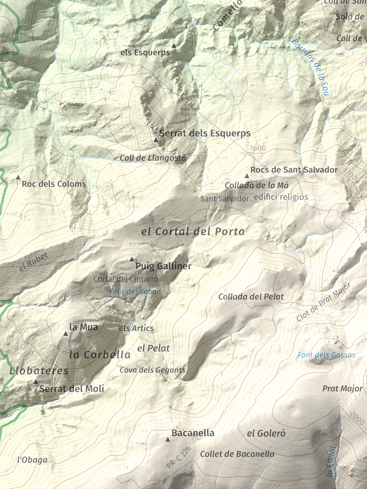 Mapa de relieve de Tossal de Lletó, 1631 m, Alt Urgell, lámina 100 Cims de Trobart. Detalle de la zona inferior izquierda. 30 × 40 cm.