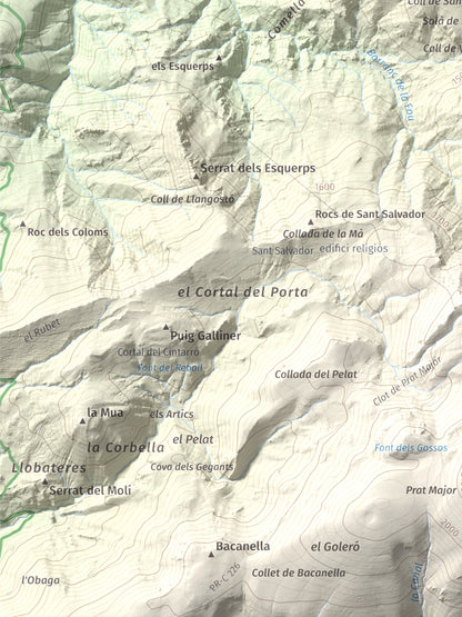 Mapa de relieve de Tossal de Lletó, 1631 m, Alt Urgell, lámina 100 Cims de Trobart. Detalle de la zona inferior izquierda. 30 × 40 cm.