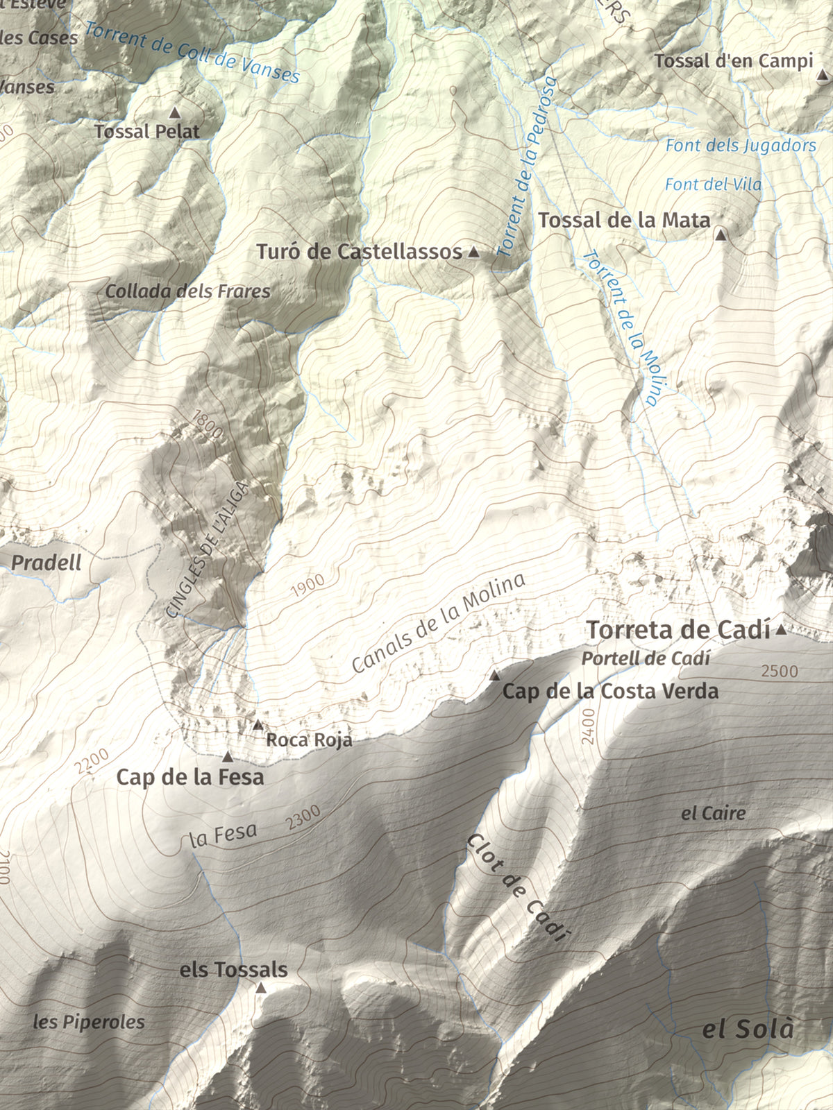 Mapa de relieve de Tossal de Lletó, 1631 m, Alt Urgell, lámina 100 Cims de Trobart. Detalle de la zona inferior derecha. 30 × 40 cm.