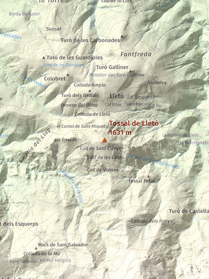 Mapa de relieve de Tossal de Lletó, 1631 m, Alt Urgell, lámina 100 Cims de Trobart. Detalle de la zona central. 30 × 40 cm.