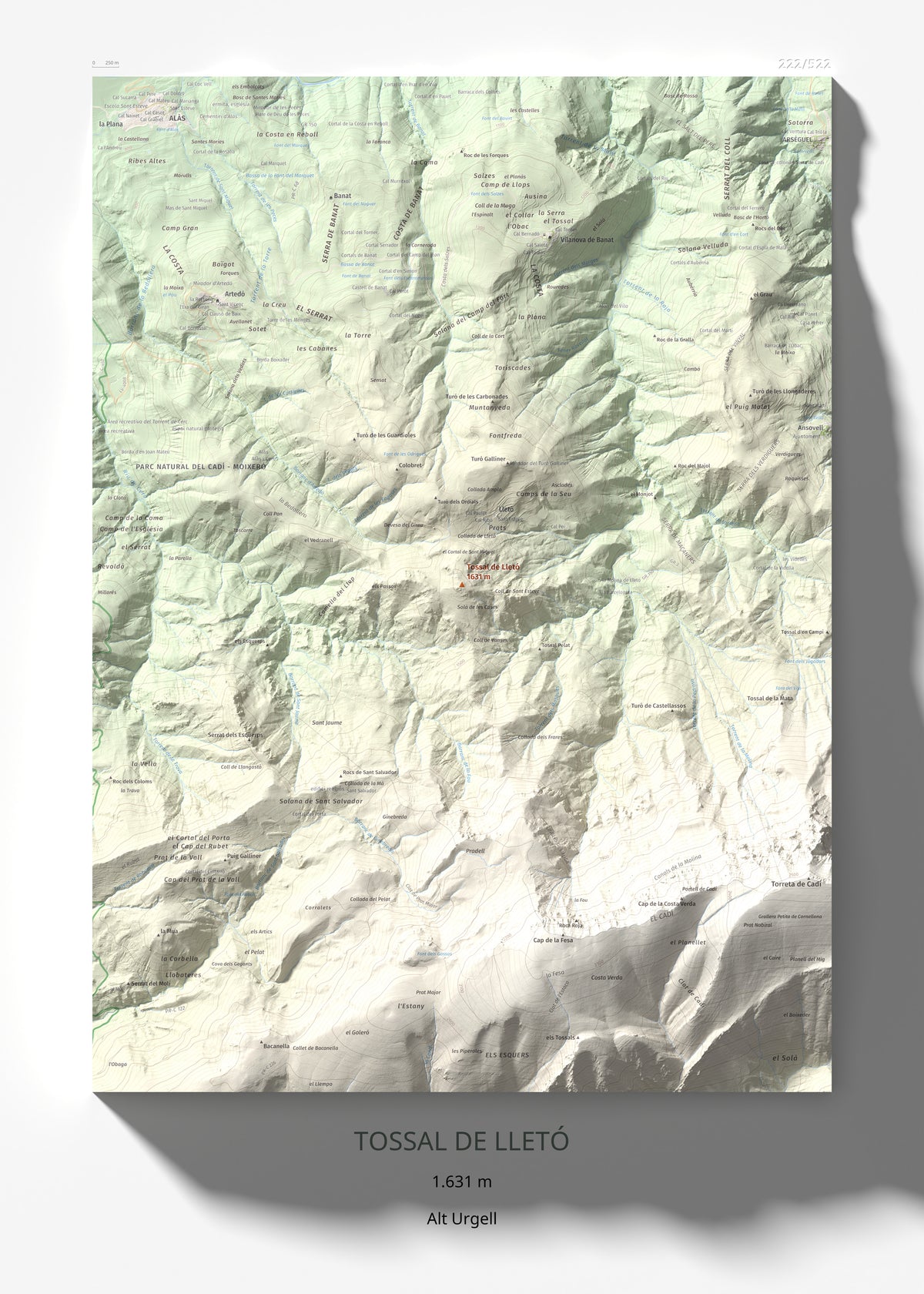 Mapa de relieve de Tossal de Lletó, 1631 m, Alt Urgell, lámina 100 Cims de Trobart 50 × 70 cm.