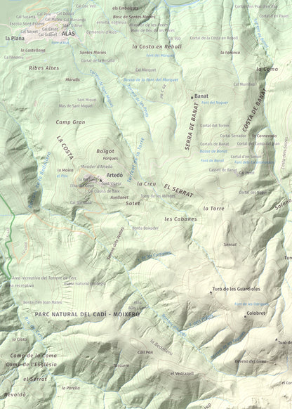 Mapa de relieve de Tossal de Lletó, 1631 m, Alt Urgell, lámina 100 Cims de Trobart. Detalle de la zona superior izquierda. 50 × 70 cm.