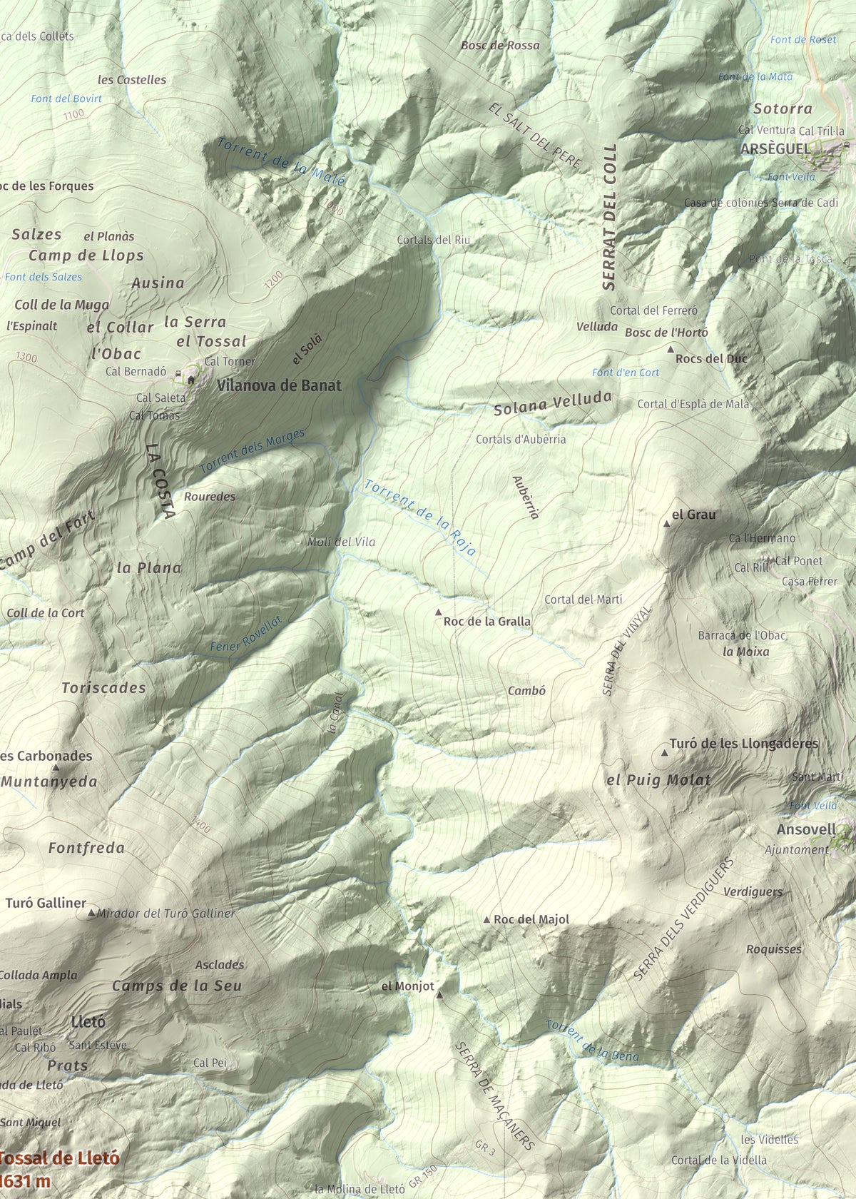 Mapa de relieve de Tossal de Lletó, 1631 m, Alt Urgell, lámina 100 Cims de Trobart. Detalle de la zona superior derecha. 50 × 70 cm.