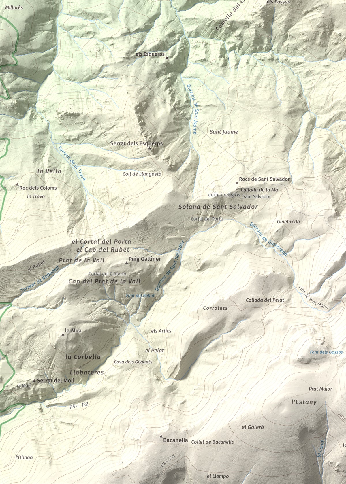 Mapa de relieve de Tossal de Lletó, 1631 m, Alt Urgell, lámina 100 Cims de Trobart. Detalle de la zona inferior izquierda. 50 × 70 cm.