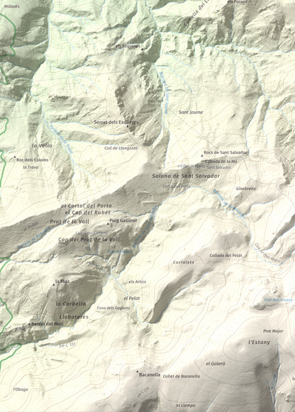 Mapa de relieve de Tossal de Lletó, 1631 m, Alt Urgell, lámina 100 Cims de Trobart. Detalle de la zona inferior izquierda. 50 × 70 cm.