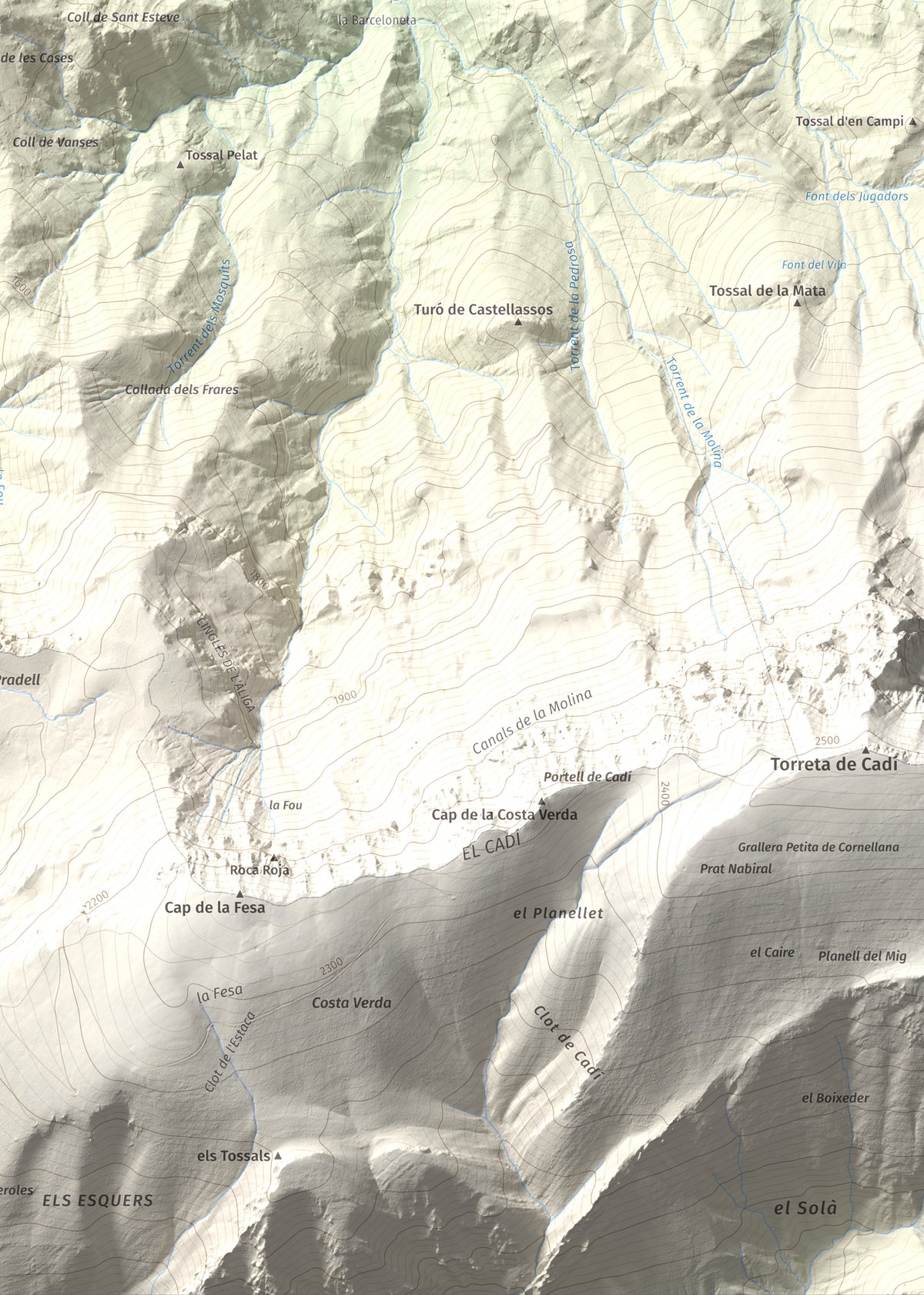 Mapa de relieve de Tossal de Lletó, 1631 m, Alt Urgell, lámina 100 Cims de Trobart. Detalle de la zona inferior derecha. 50 × 70 cm.