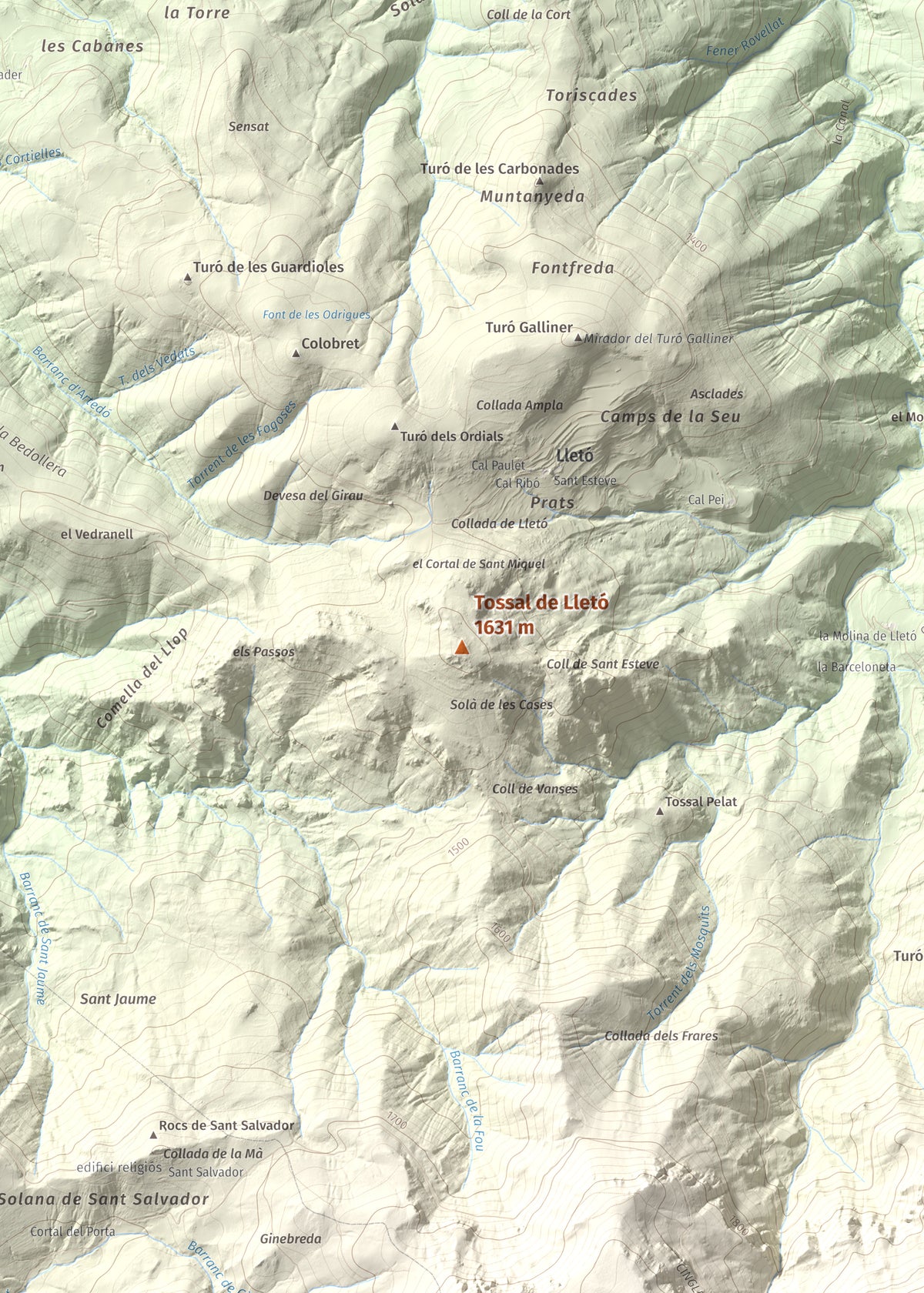 Mapa de relieve de Tossal de Lletó, 1631 m, Alt Urgell, lámina 100 Cims de Trobart. Detalle de la zona central. 50 × 70 cm.