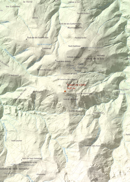 Mapa de relieve de Tossal de Lletó, 1631 m, Alt Urgell, lámina 100 Cims de Trobart. Detalle de la zona central. 50 × 70 cm.