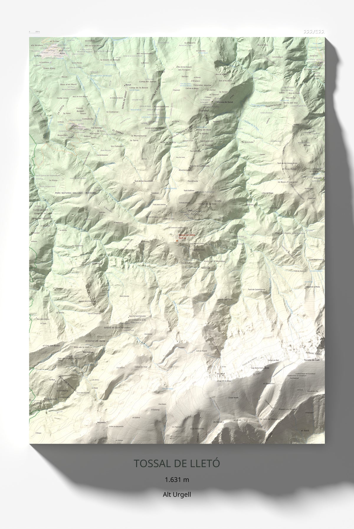 Mapa de relieve de Tossal de Lletó, 1631 m, Alt Urgell, lámina 100 Cims de Trobart 61 × 91 cm.