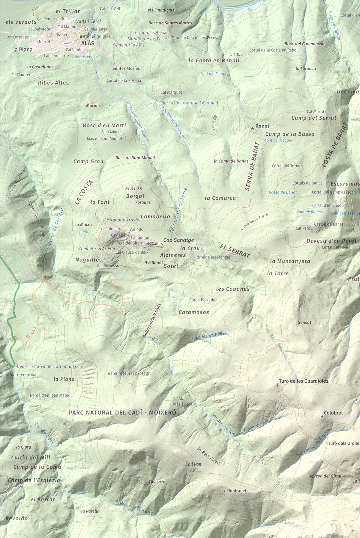 Mapa de relieve de Tossal de Lletó, 1631 m, Alt Urgell, lámina 100 Cims de Trobart. Detalle de la zona superior izquierda. 61 × 91 cm.