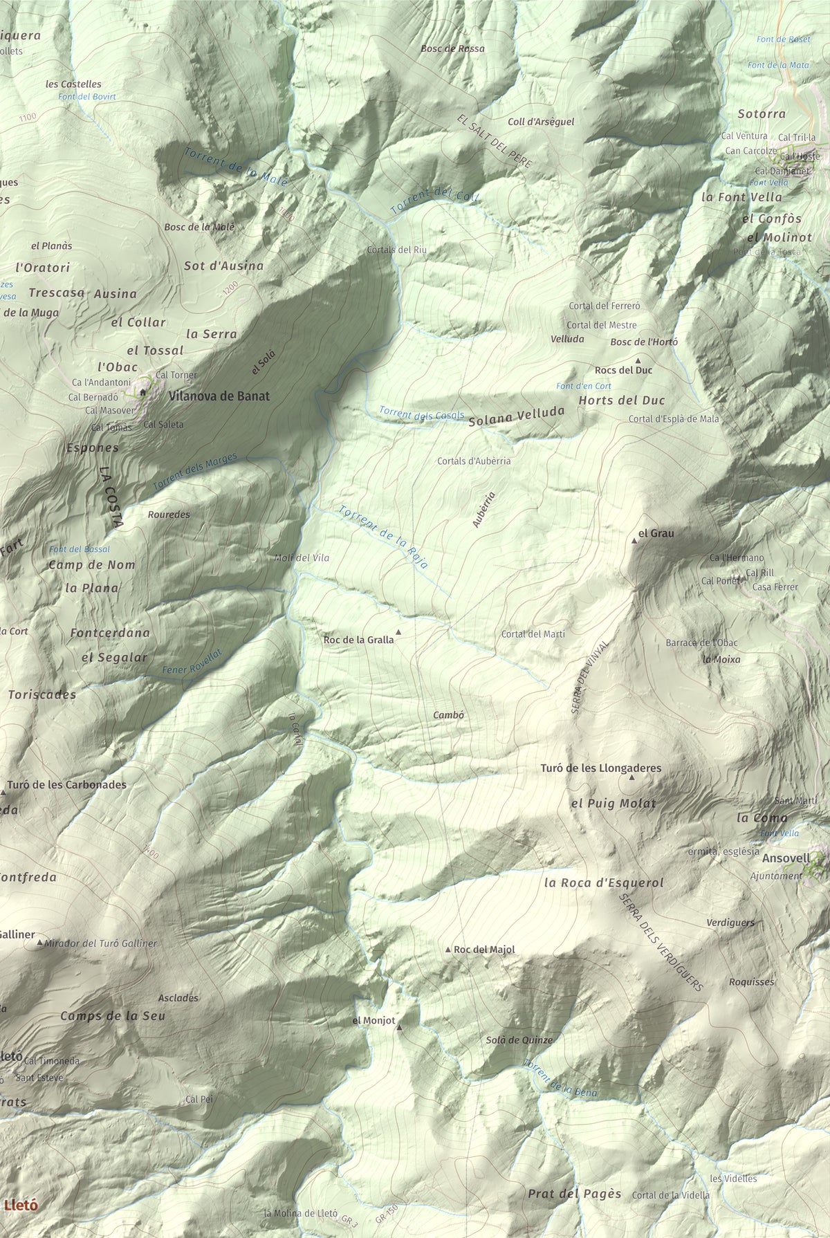 Mapa de relieve de Tossal de Lletó, 1631 m, Alt Urgell, lámina 100 Cims de Trobart. Detalle de la zona superior derecha. 61 × 91 cm.