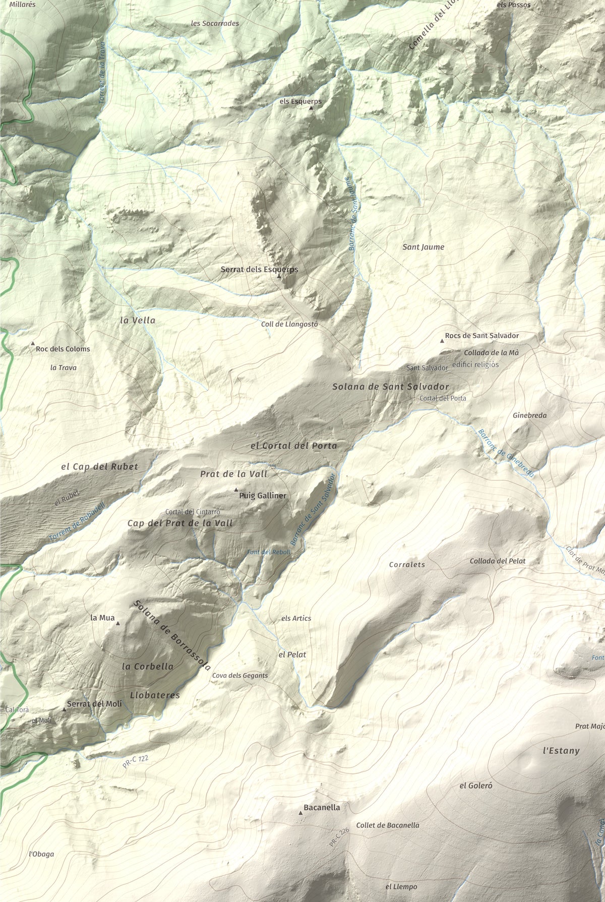 Mapa de relieve de Tossal de Lletó, 1631 m, Alt Urgell, lámina 100 Cims de Trobart. Detalle de la zona inferior izquierda. 61 × 91 cm.