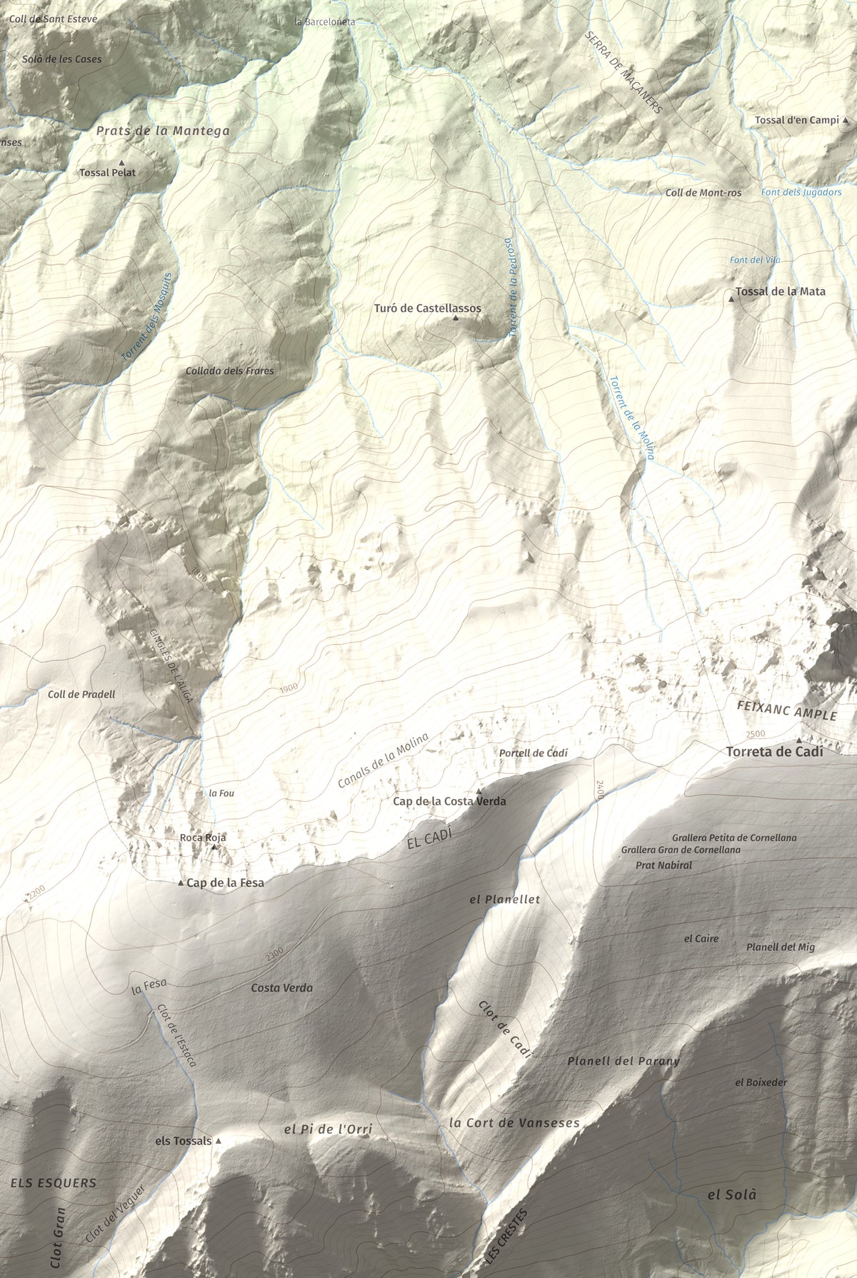 Mapa de relieve de Tossal de Lletó, 1631 m, Alt Urgell, lámina 100 Cims de Trobart. Detalle de la zona inferior derecha. 61 × 91 cm.