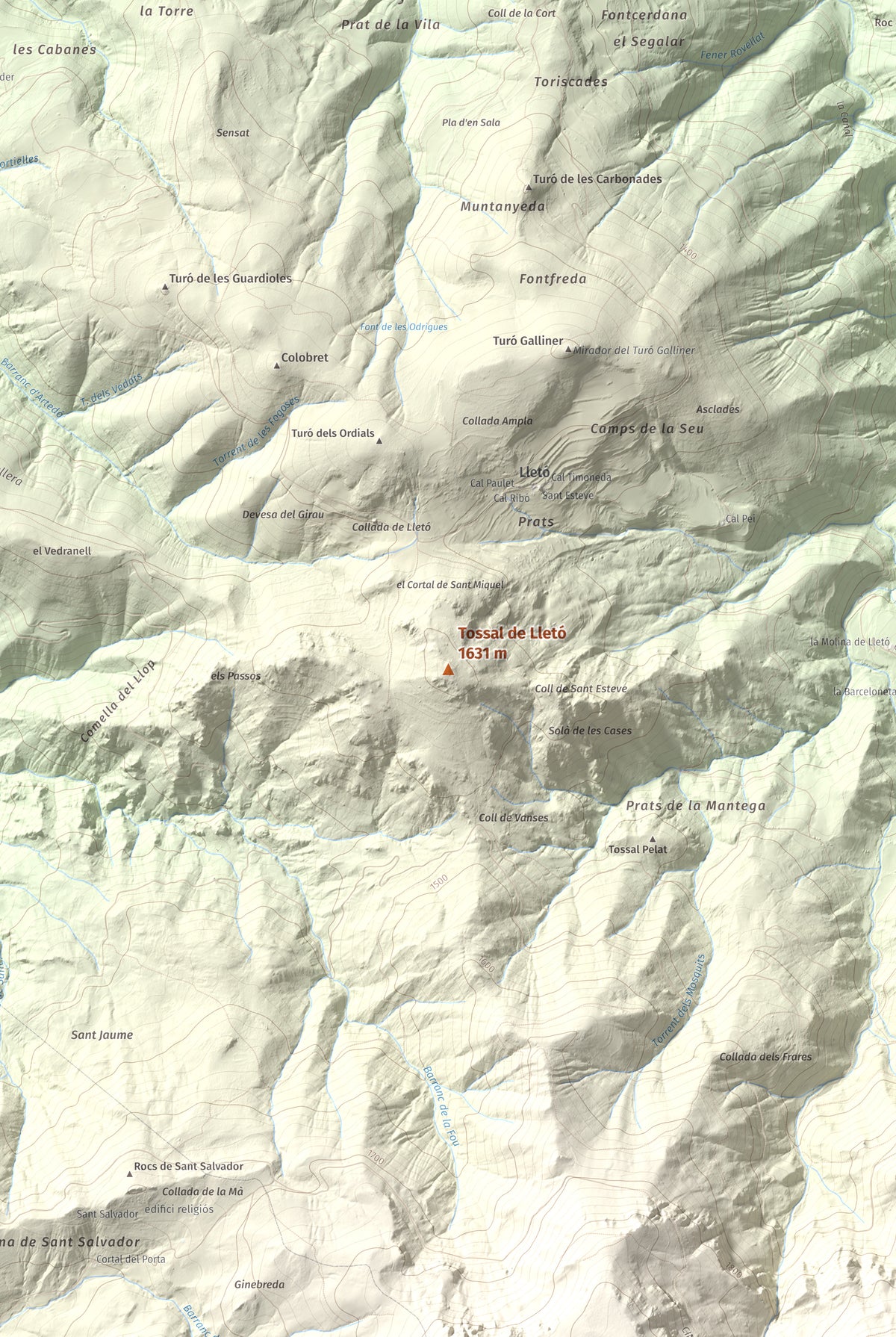 Mapa de relieve de Tossal de Lletó, 1631 m, Alt Urgell, lámina 100 Cims de Trobart. Detalle de la zona central. 61 × 91 cm.