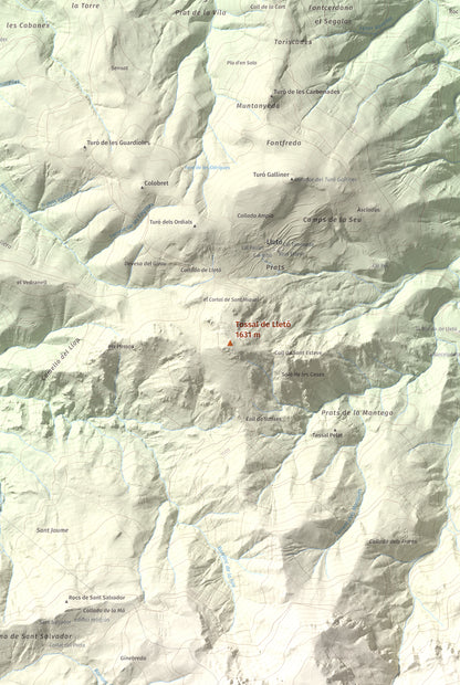 Mapa de relieve de Tossal de Lletó, 1631 m, Alt Urgell, lámina 100 Cims de Trobart. Detalle de la zona central. 61 × 91 cm.