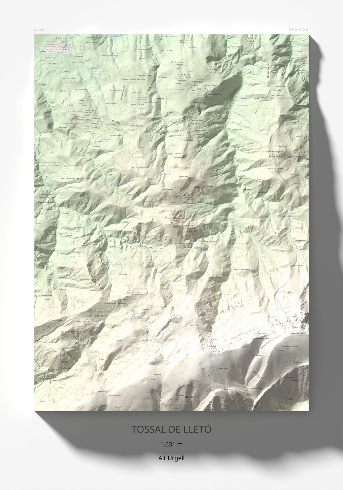 Mapa de relieve de Tossal de Lletó, 1631 m, Alt Urgell, lámina 100 Cims de Trobart 70 × 100 cm.