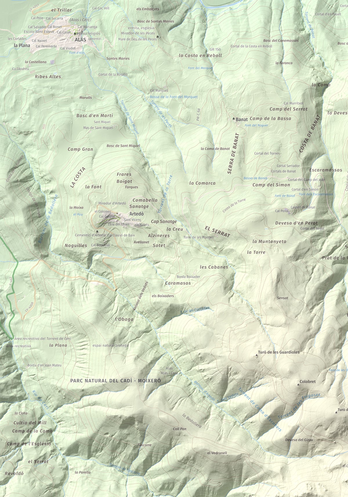 Mapa de relieve de Tossal de Lletó, 1631 m, Alt Urgell, lámina 100 Cims de Trobart. Detalle de la zona superior izquierda. 70 × 100 cm.