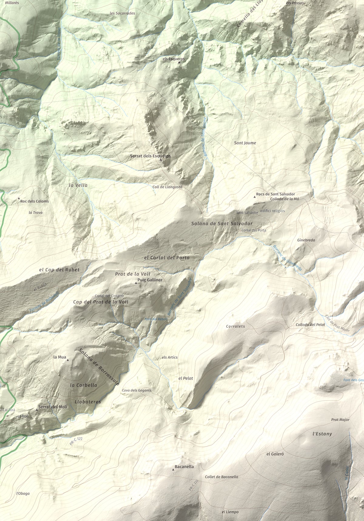 Mapa de relieve de Tossal de Lletó, 1631 m, Alt Urgell, lámina 100 Cims de Trobart. Detalle de la zona inferior izquierda. 70 × 100 cm.