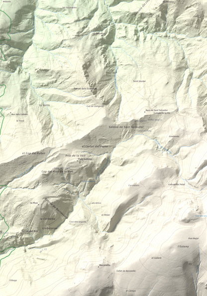 Mapa de relieve de Tossal de Lletó, 1631 m, Alt Urgell, lámina 100 Cims de Trobart. Detalle de la zona inferior izquierda. 70 × 100 cm.