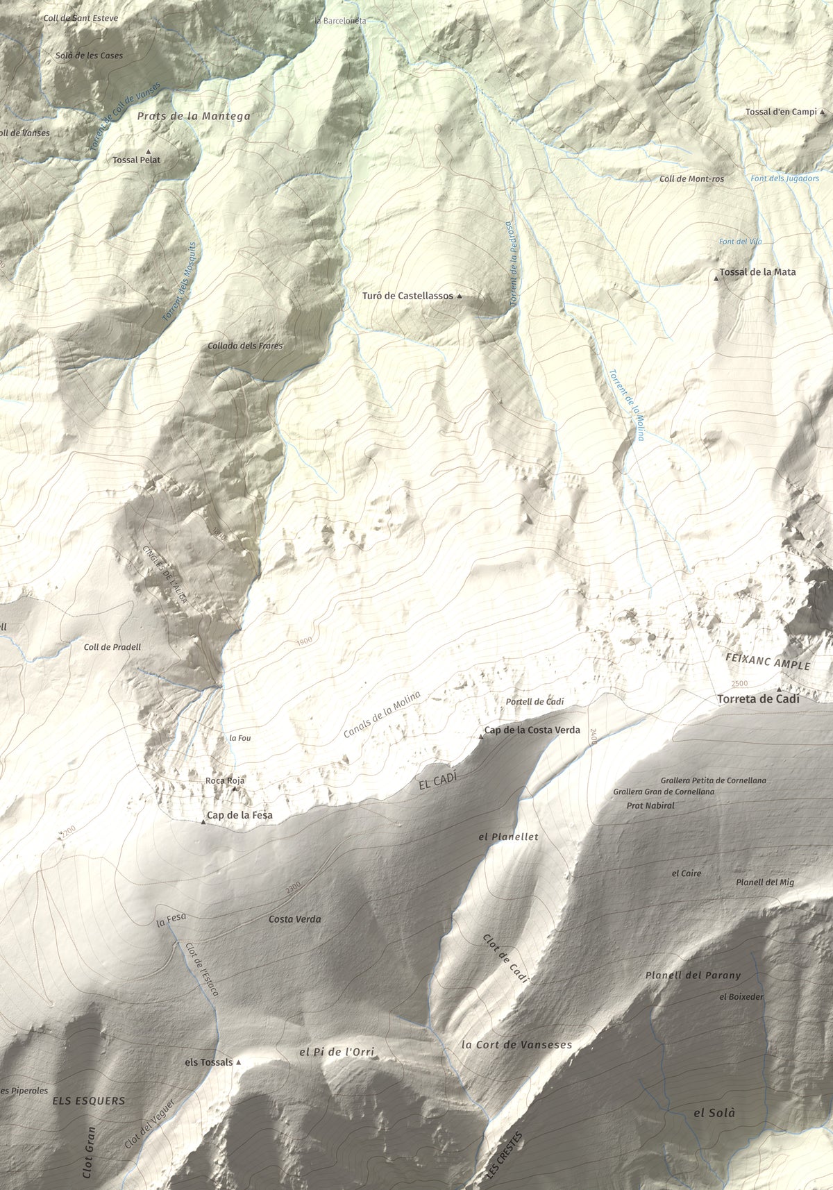 Mapa de relieve de Tossal de Lletó, 1631 m, Alt Urgell, lámina 100 Cims de Trobart. Detalle de la zona inferior derecha. 70 × 100 cm.
