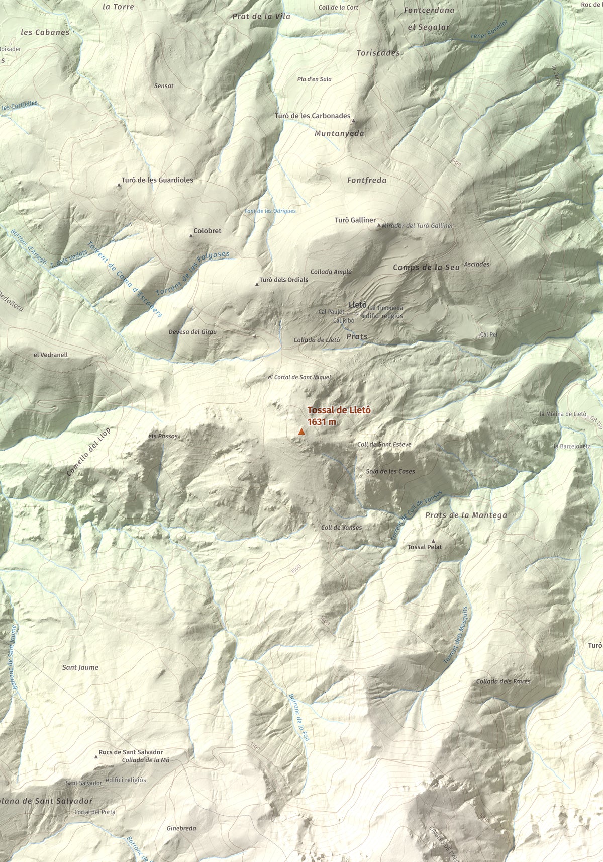 Mapa de relieve de Tossal de Lletó, 1631 m, Alt Urgell, lámina 100 Cims de Trobart. Detalle de la zona central. 70 × 100 cm.
