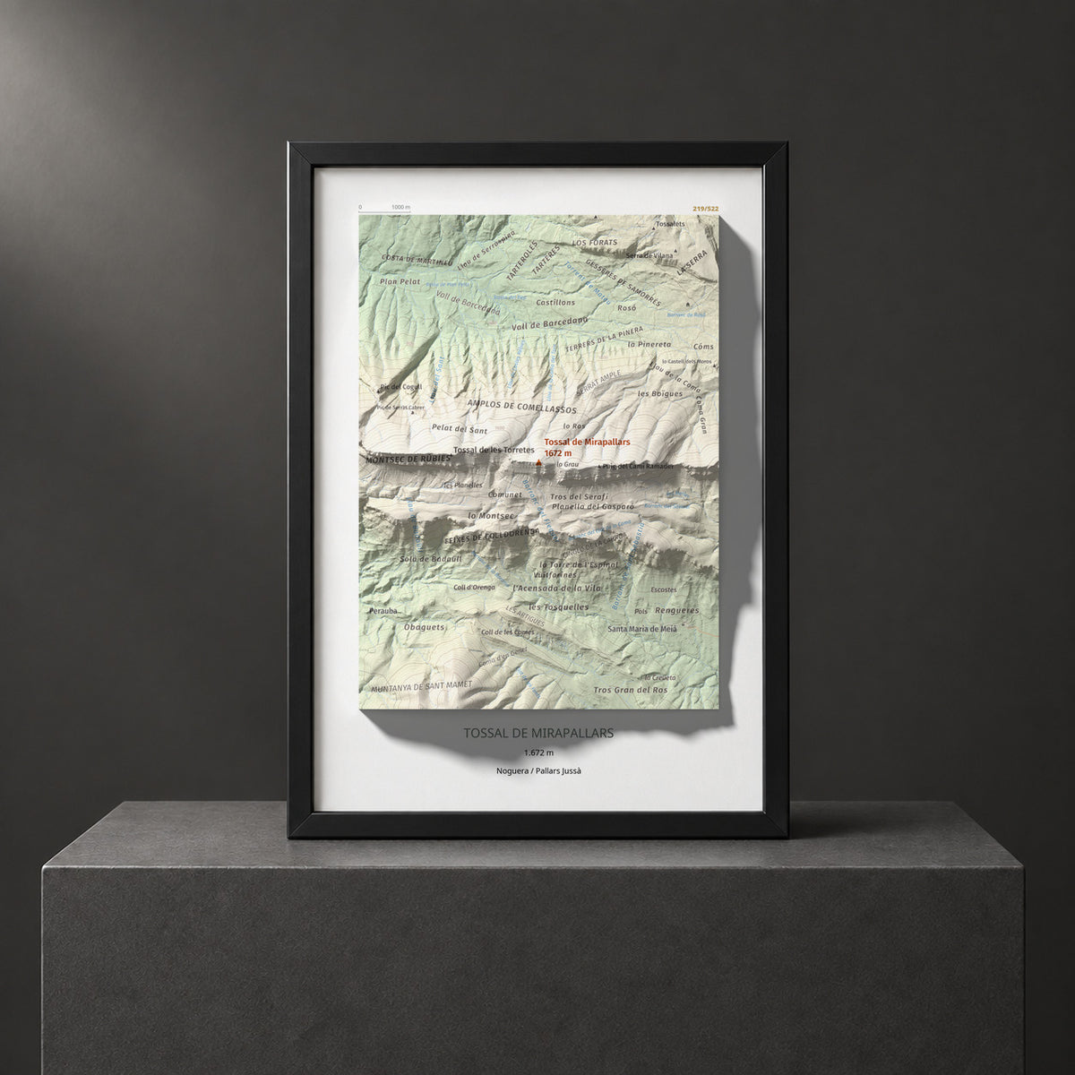 Mapa de relieve de Tossal de Mirapallars, 1672 m, Noguera · Pallars Jussà, lámina 100 Cims de Trobart. Presentación enmarcada. 21 × 30 cm.