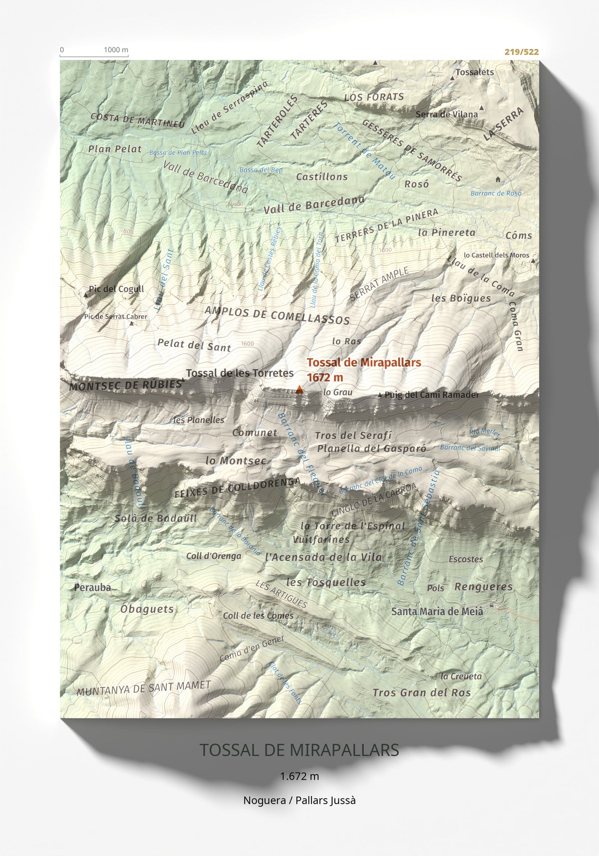 Mapa de relieve de Tossal de Mirapallars, 1672 m, Noguera · Pallars Jussà, lámina 100 Cims de Trobart 21 × 30 cm.