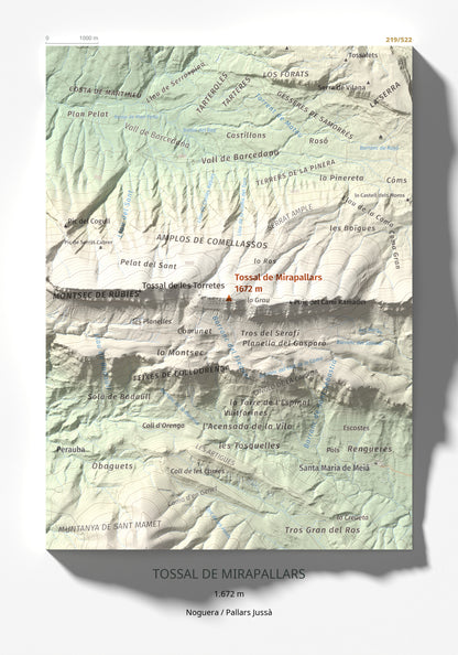 Mapa de relieve de Tossal de Mirapallars, 1672 m, Noguera · Pallars Jussà, lámina 100 Cims de Trobart 21 × 30 cm.