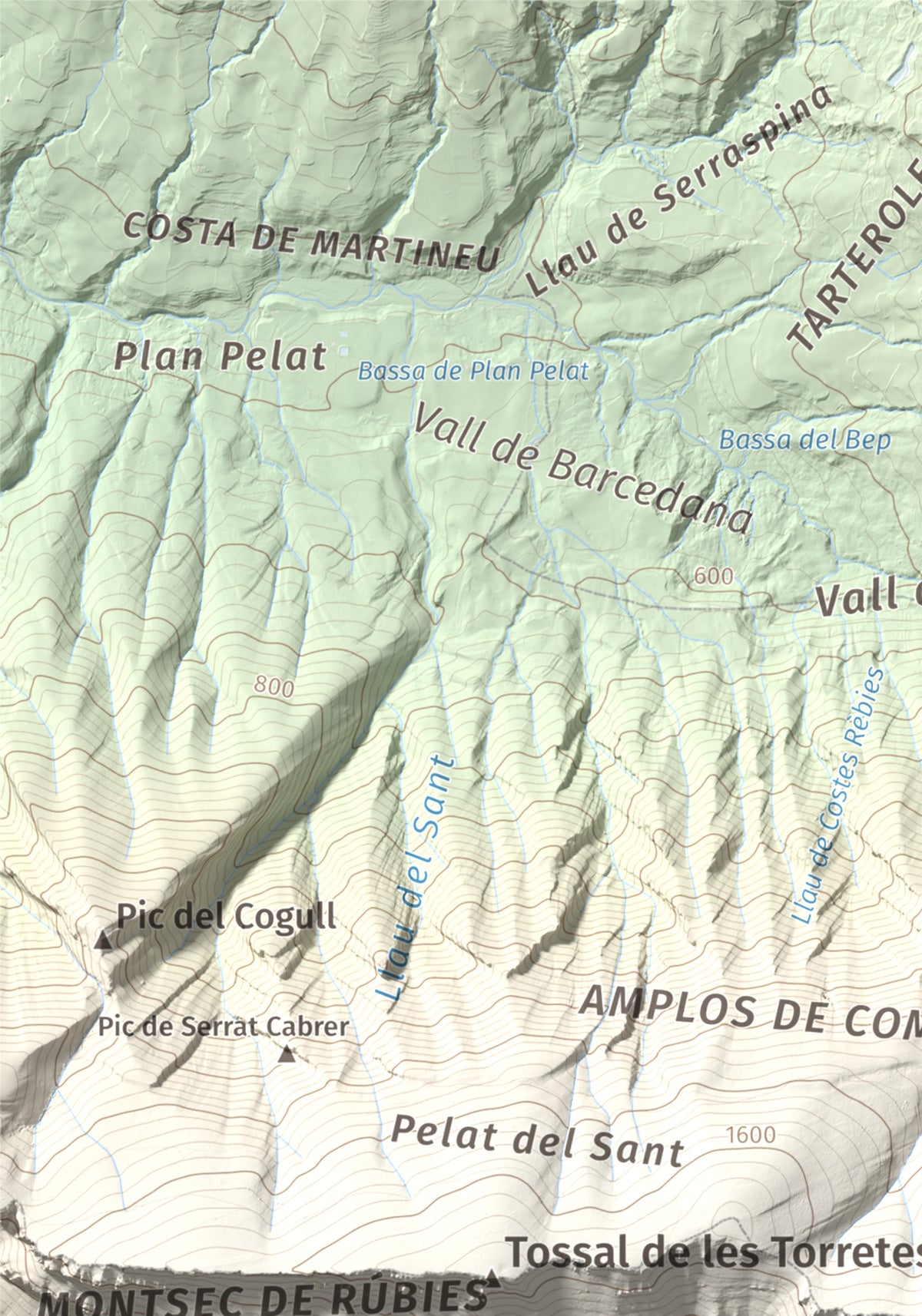 Mapa de relieve de Tossal de Mirapallars, 1672 m, Noguera · Pallars Jussà, lámina 100 Cims de Trobart. Detalle de la zona superior izquierda. 21 × 30 cm.