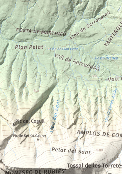 Mapa de relieve de Tossal de Mirapallars, 1672 m, Noguera · Pallars Jussà, lámina 100 Cims de Trobart. Detalle de la zona superior izquierda. 21 × 30 cm.