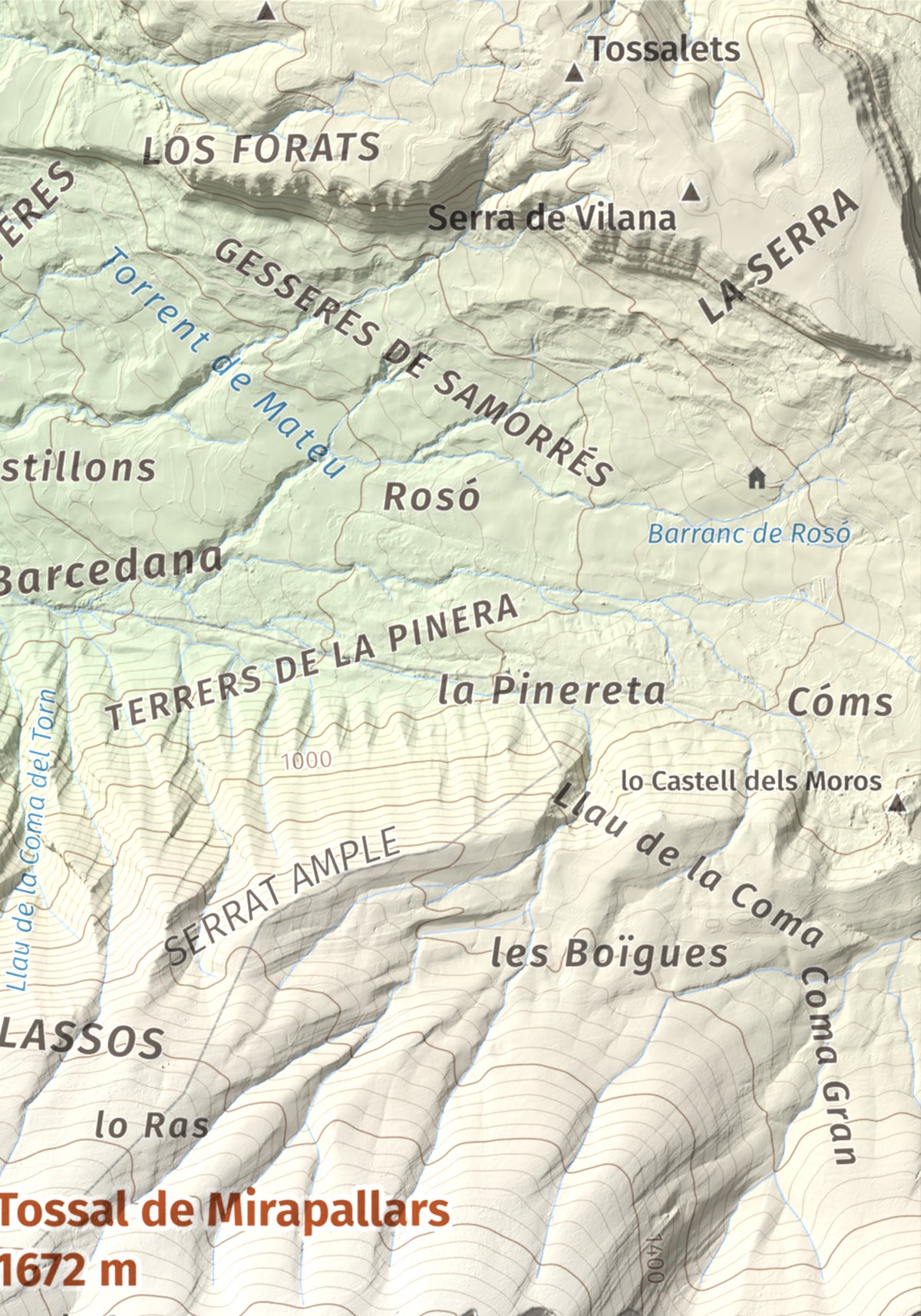 Mapa de relieve de Tossal de Mirapallars, 1672 m, Noguera · Pallars Jussà, lámina 100 Cims de Trobart. Detalle de la zona superior derecha. 21 × 30 cm.