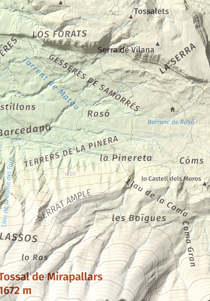 Mapa de relieve de Tossal de Mirapallars, 1672 m, Noguera · Pallars Jussà, lámina 100 Cims de Trobart. Detalle de la zona superior derecha. 21 × 30 cm.