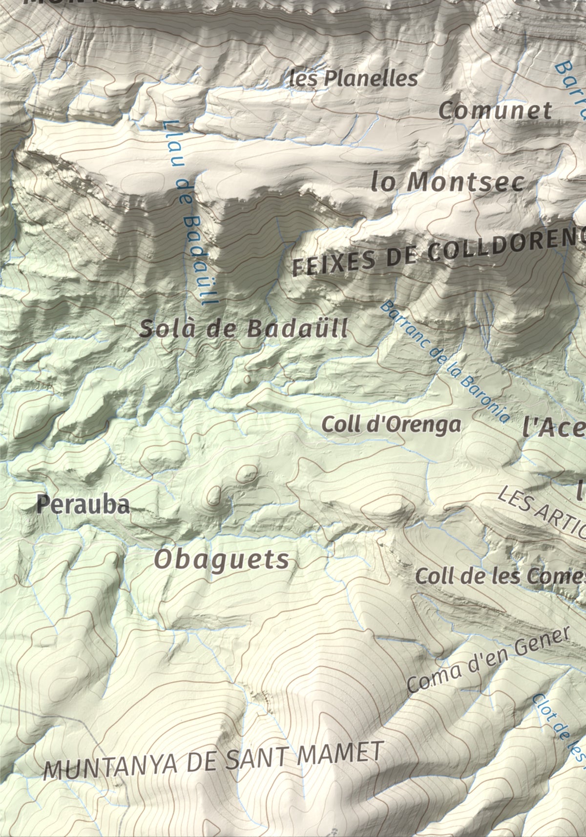 Mapa de relieve de Tossal de Mirapallars, 1672 m, Noguera · Pallars Jussà, lámina 100 Cims de Trobart. Detalle de la zona inferior izquierda. 21 × 30 cm.