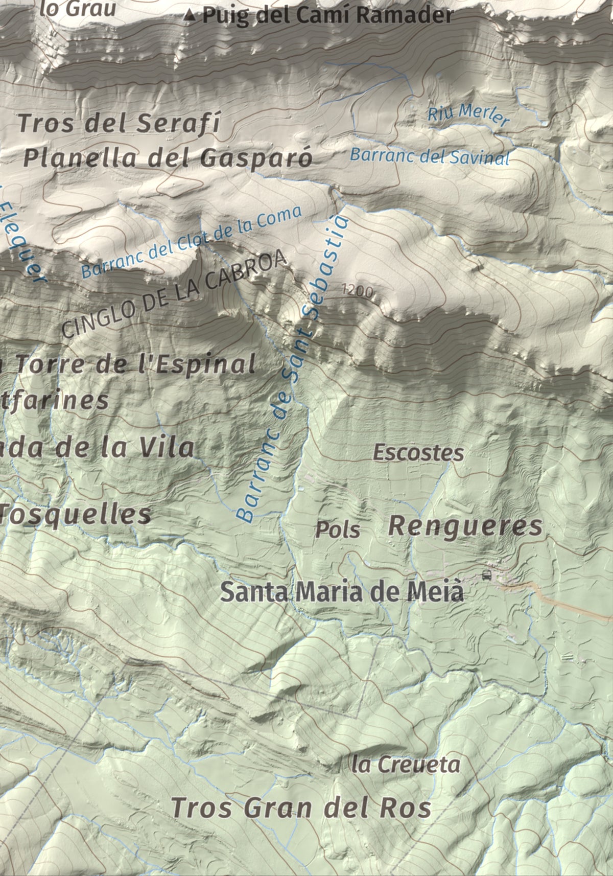 Mapa de relieve de Tossal de Mirapallars, 1672 m, Noguera · Pallars Jussà, lámina 100 Cims de Trobart. Detalle de la zona inferior derecha. 21 × 30 cm.
