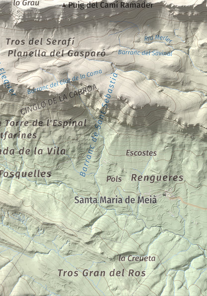 Mapa de relieve de Tossal de Mirapallars, 1672 m, Noguera · Pallars Jussà, lámina 100 Cims de Trobart. Detalle de la zona inferior derecha. 21 × 30 cm.