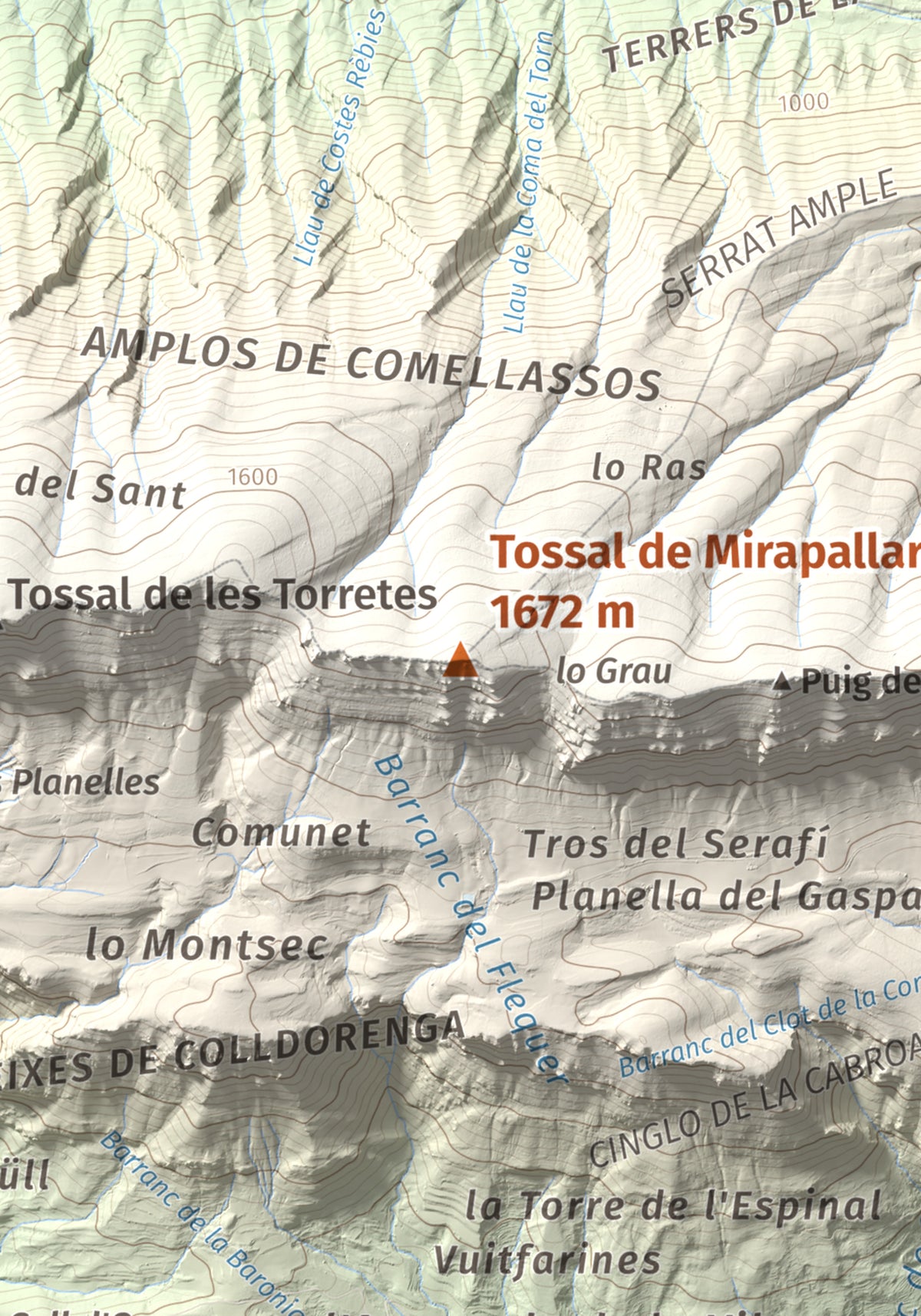 Mapa de relieve de Tossal de Mirapallars, 1672 m, Noguera · Pallars Jussà, lámina 100 Cims de Trobart. Detalle de la zona central. 21 × 30 cm.