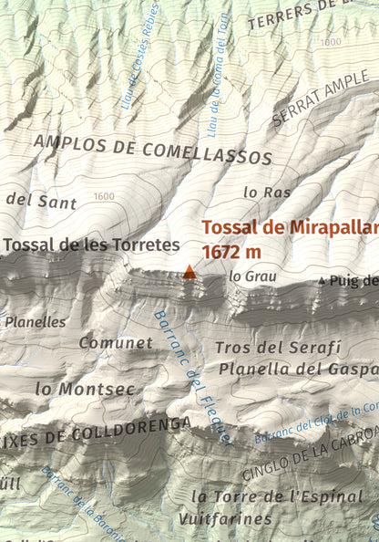 Mapa de relieve de Tossal de Mirapallars, 1672 m, Noguera · Pallars Jussà, lámina 100 Cims de Trobart. Detalle de la zona central. 21 × 30 cm.