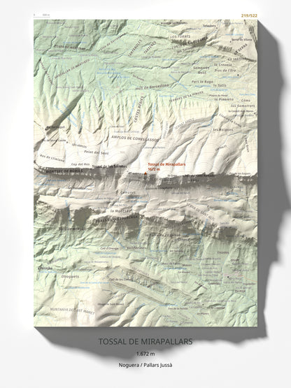 Mapa de relieve de Tossal de Mirapallars, 1672 m, Noguera · Pallars Jussà, lámina 100 Cims de Trobart 30 × 40 cm.