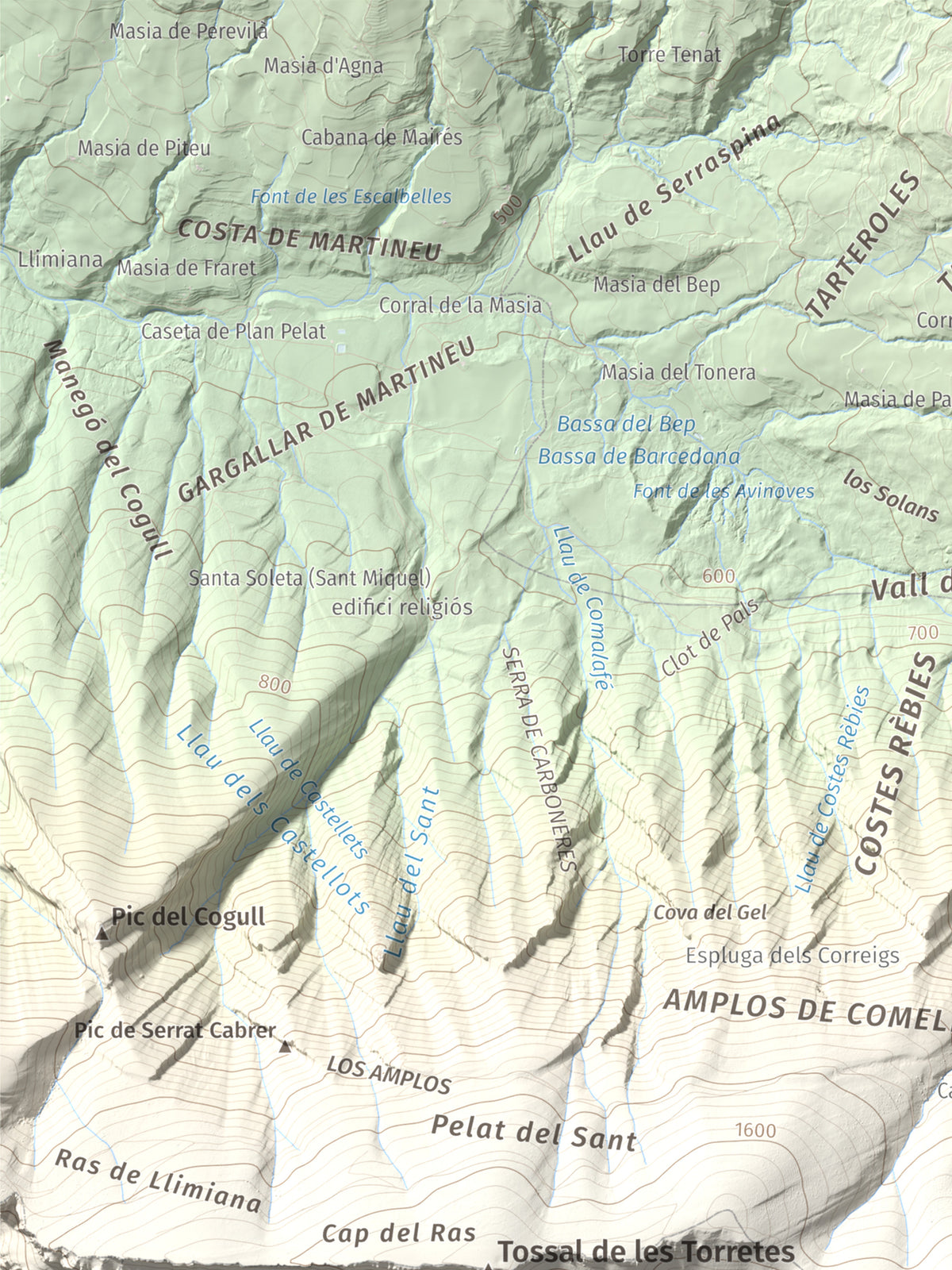 Mapa de relieve de Tossal de Mirapallars, 1672 m, Noguera · Pallars Jussà, lámina 100 Cims de Trobart. Detalle de la zona superior izquierda. 30 × 40 cm.