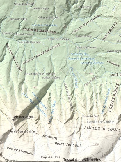 Mapa de relieve de Tossal de Mirapallars, 1672 m, Noguera · Pallars Jussà, lámina 100 Cims de Trobart. Detalle de la zona superior izquierda. 30 × 40 cm.